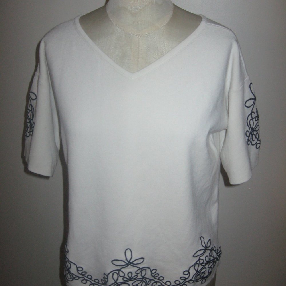 Ann Taylor V-Neck Ivory with  Black Embroidery Top